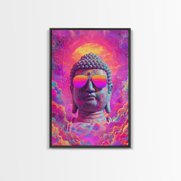 Vibrant Psychedelic Buddha With Colorful Sunglasses Spiritual Wall Art Framed Canvas Print
