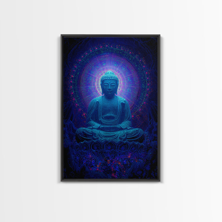 Mystical Blue Buddha Statue With Radiant Halo Spiritual Wall Art Framed Canvas Print For Meditation Room Decor