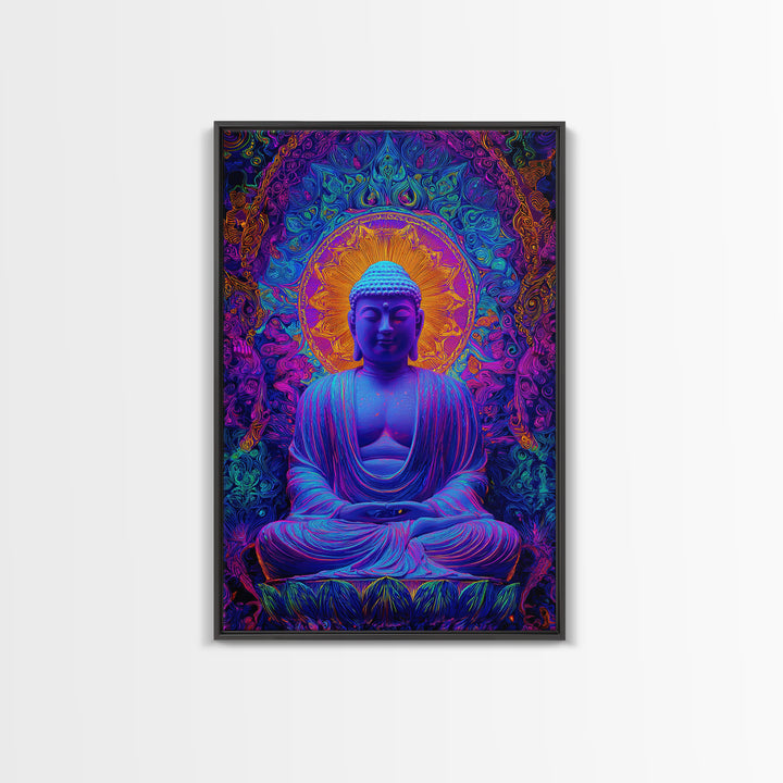 Vibrant Psychedelic Buddha Meditation Digital Painting Modern Wall Art Framed Canvas Print Spiritual Decor