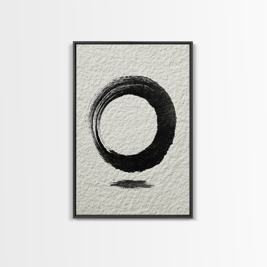 Minimalist Black Ink Circle Zen Enso Brushstroke Wall Art On Textured Paper Abstract Art Framed Canvas Print For Home Office Decor