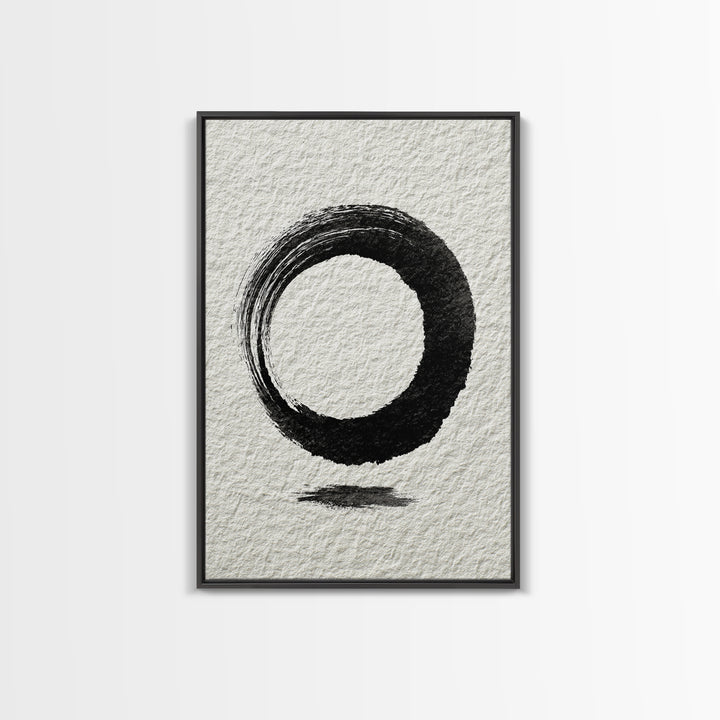 Minimalist Black Ink Circle Zen Enso Brushstroke Wall Art On Textured Paper Abstract Art Framed Canvas Print For Home Office Decor