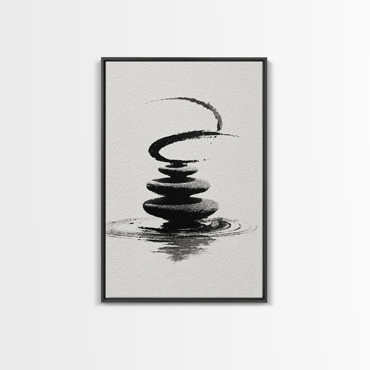 Zen Black And White Inkwash Painting Of Stacked Stones With Circle And Ripples Minimalist Wall Art For Office Decor Canvas Print