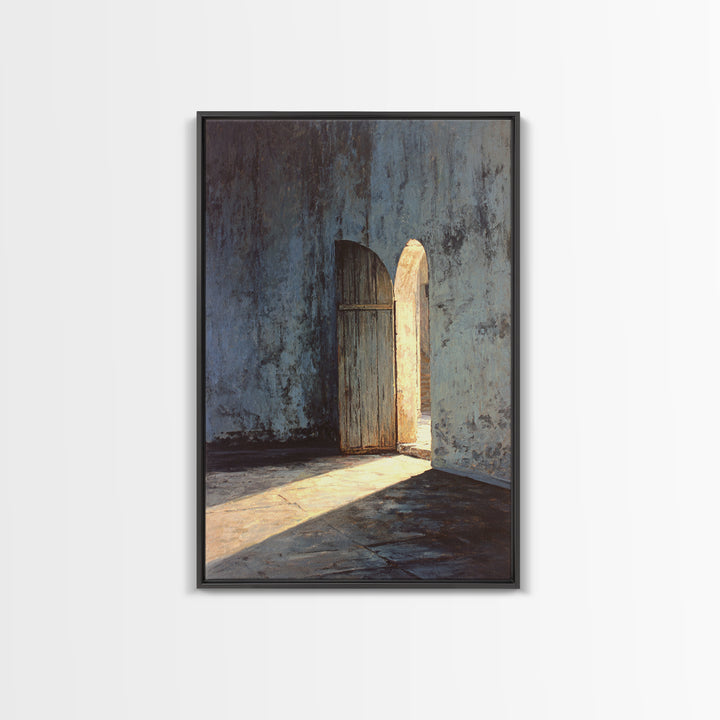 Sunlit Rustic Wooden Doorway In Textured Blue Wall Original Oil Painting Wall Art Framed Canvas Print Historic Architectural Art Print