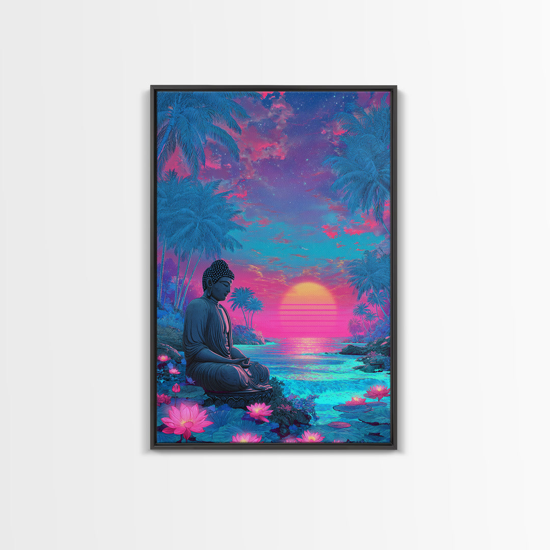 Vibrant Sunlit Buddha Amid Tropical Plants Calm Spiritual Wall Art Canvas Print For Meditation Room or Bedroom Decor