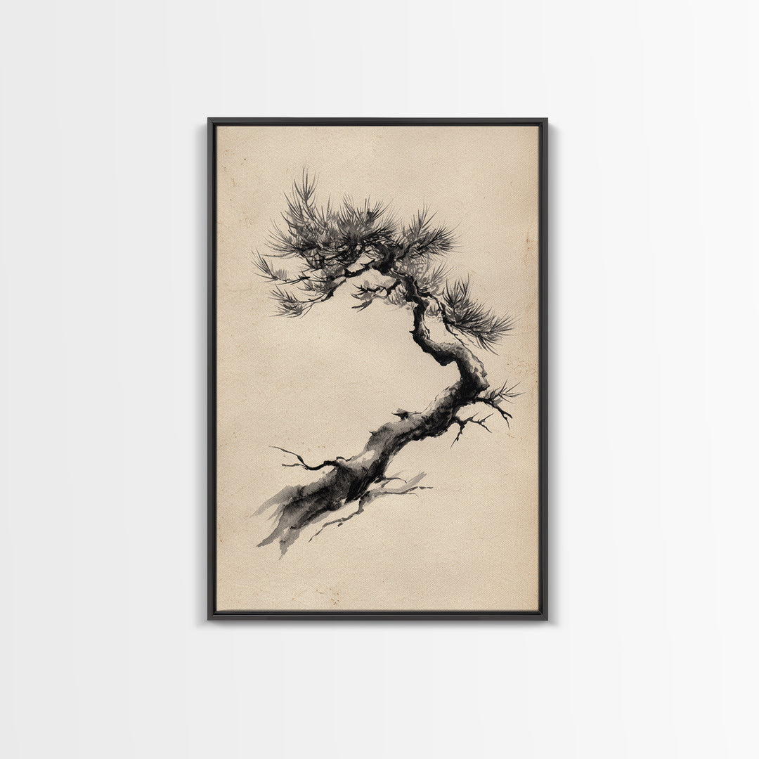 Elegant Black Ink Brush Style Bonsai Tree On Textured Natural Paper Minimalist Botanical Wall Art Print