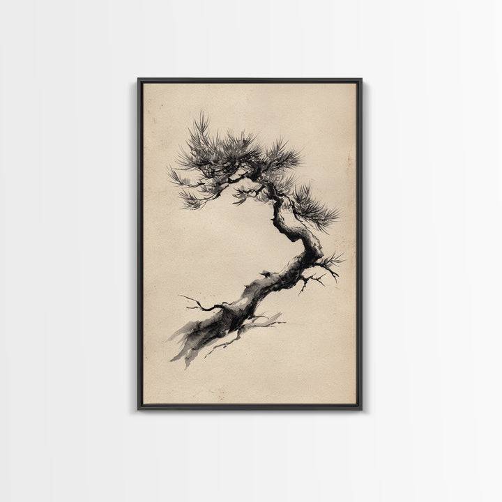 Elegant Black Ink Brush Style Bonsai Tree On Textured Natural Paper Minimalist Botanical Wall Art Print