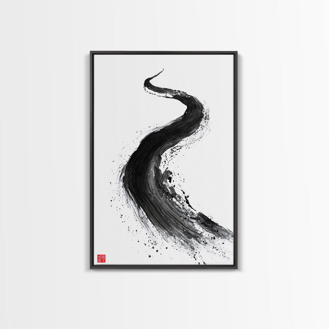 Dynamic Abstract Black Ink Brush Stroke Flow Calligraphy Art Print Minimalist Wall Art For Modern Home Decor Framed Canvas Print