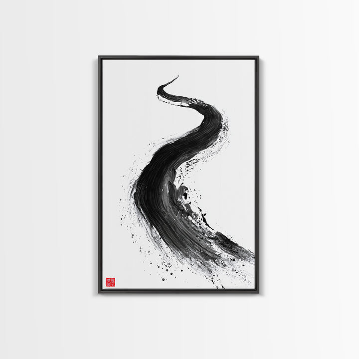 Dynamic Abstract Black Ink Brush Stroke Flow Calligraphy Art Print Minimalist Wall Art For Modern Home Decor Framed Canvas Print