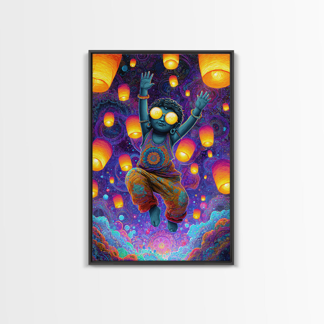 Joyful Blue Child With Lanterns Colorful Abstract Painting Wall Art For Kids Room