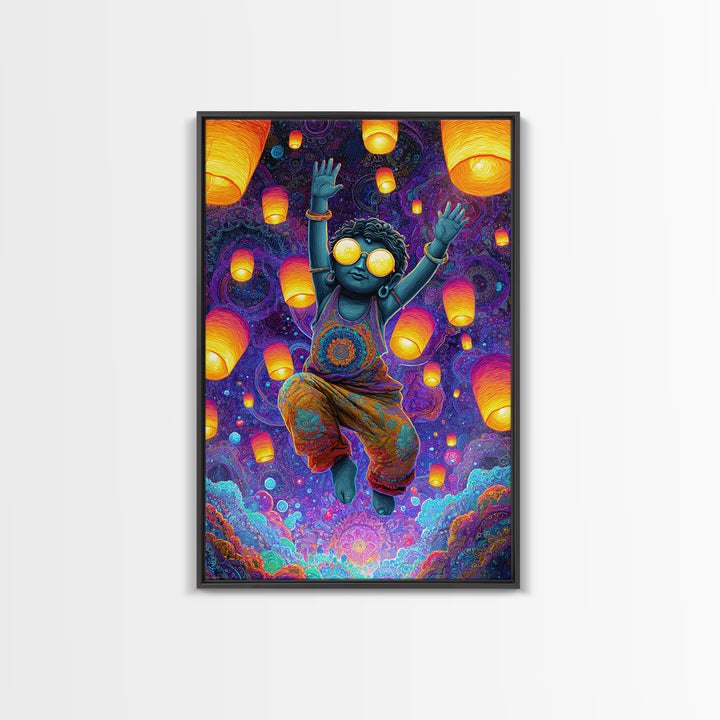 Joyful Blue Child With Lanterns Colorful Abstract Painting Wall Art For Kids Room
