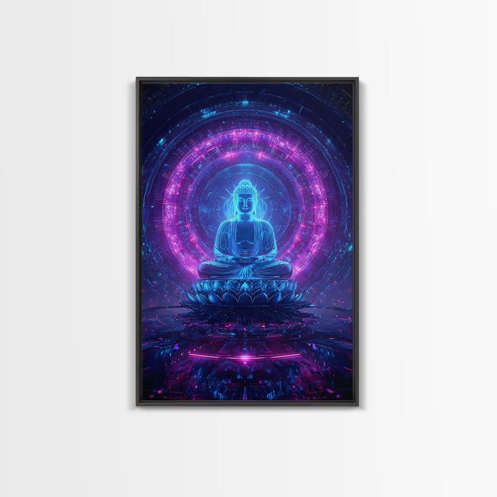 Futuristic Buddha Neon Cyber Meditation Spiritual Wall Art Framed Canvas Print for Modern Zen Home Decor