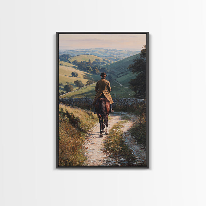 Equestrian Rider On Country Lane Framed Canvas Print, Rolling Hills Landscape Art, Horse Wall Decor, Rustic Farmhouse Decor
