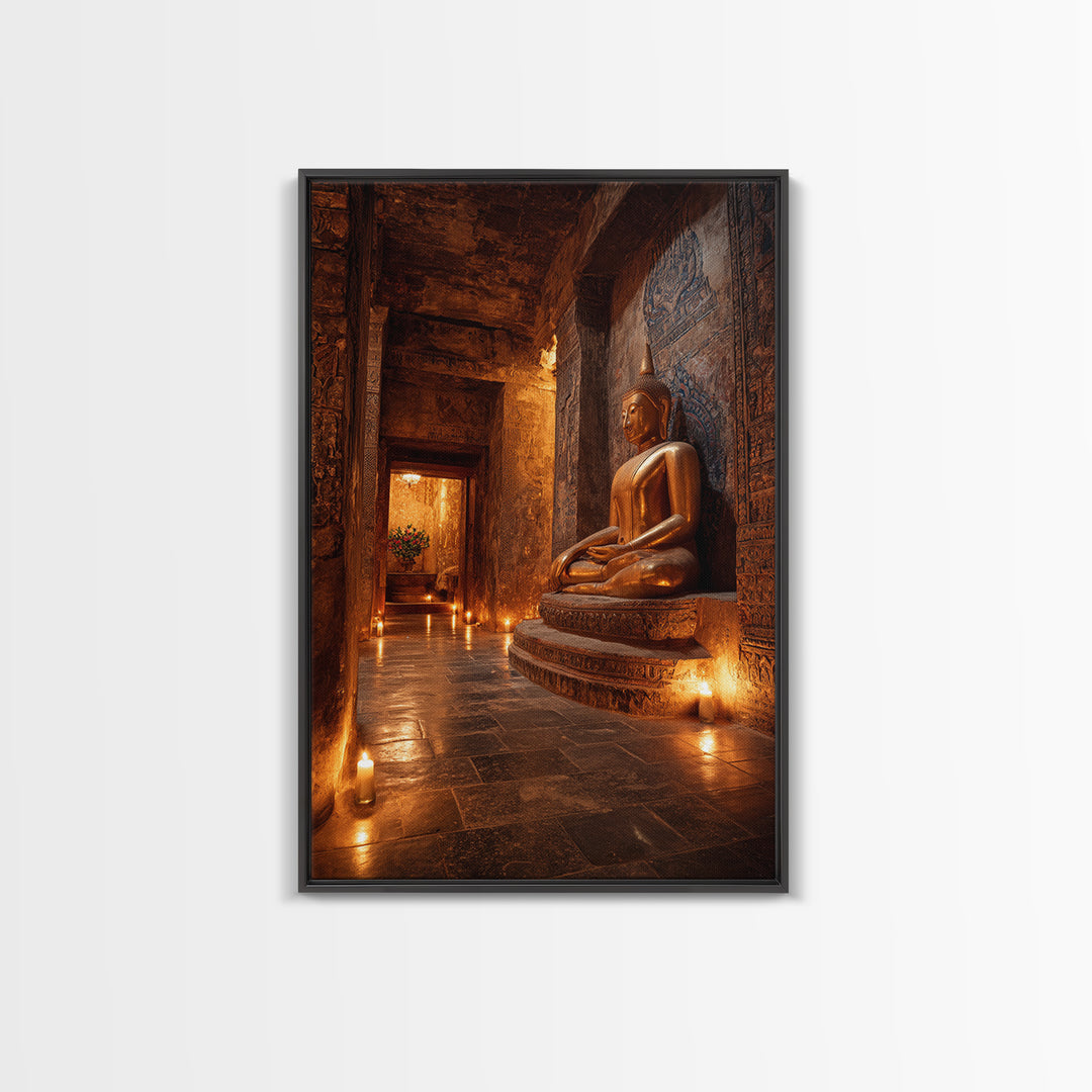 Ancient Temple Buddha Statue Lit By Candlelight Mystical Wall Art Canvas Print Sacred Asian Home Decor
