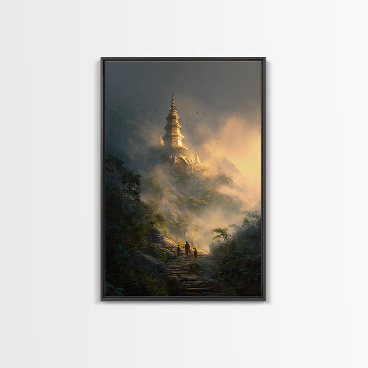Mystical Misty Mountain Temple Landscape Wall Art Canvas Print For Spiritual Home Decor And Calming Living Room Decoration