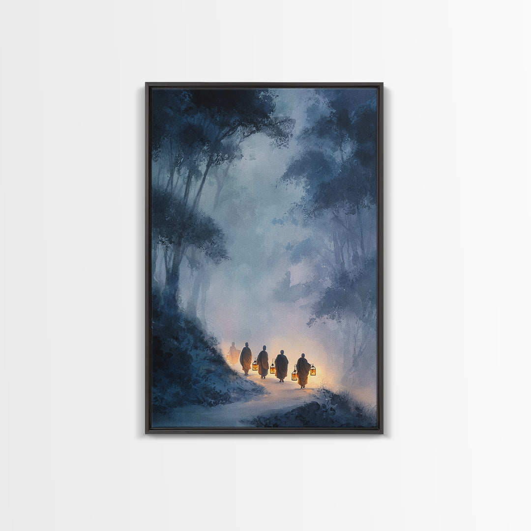 Mystical Buddhist Monks Carrying Lanterns Through Misty Forest Path Wall Art Print For Tranquil Home Decor