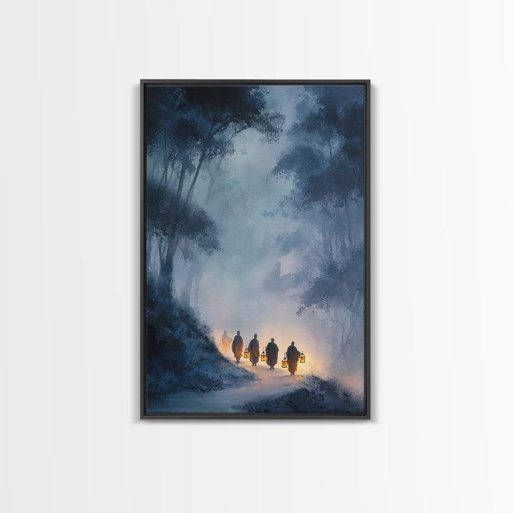 Mystical Buddhist Monks Carrying Lanterns Through Misty Forest Path Wall Art Print For Tranquil Home Decor