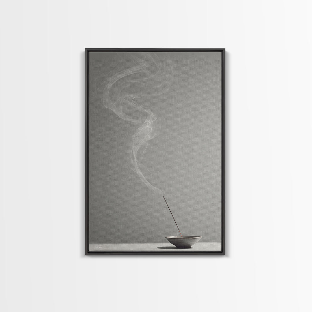 Mystical Incense Stick With Smoke Swirls On Minimalist Gray Background Canvas Print For Relaxation Spaces