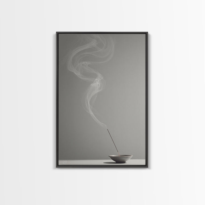 Mystical Incense Stick With Smoke Swirls On Minimalist Gray Background Canvas Print For Relaxation Spaces