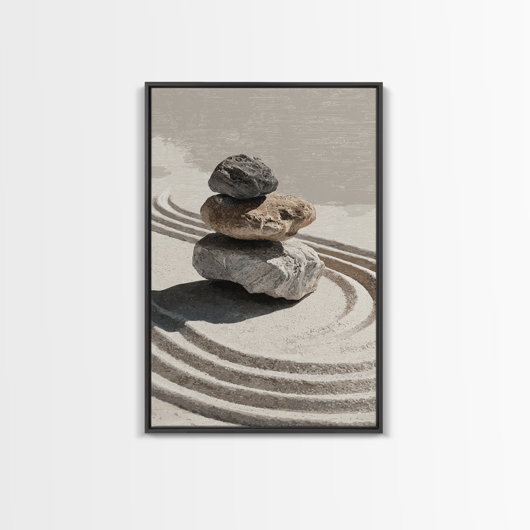 Zen Stones And Sand Minimalist Wall Art Print Tranquil Home Decor Framed Canvas Print