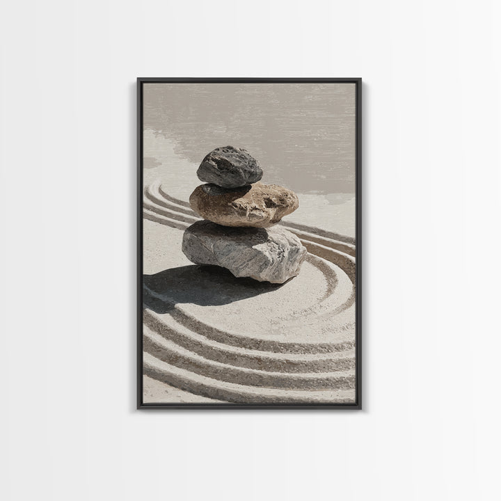 Zen Stones And Sand Minimalist Wall Art Print Tranquil Home Decor Framed Canvas Print