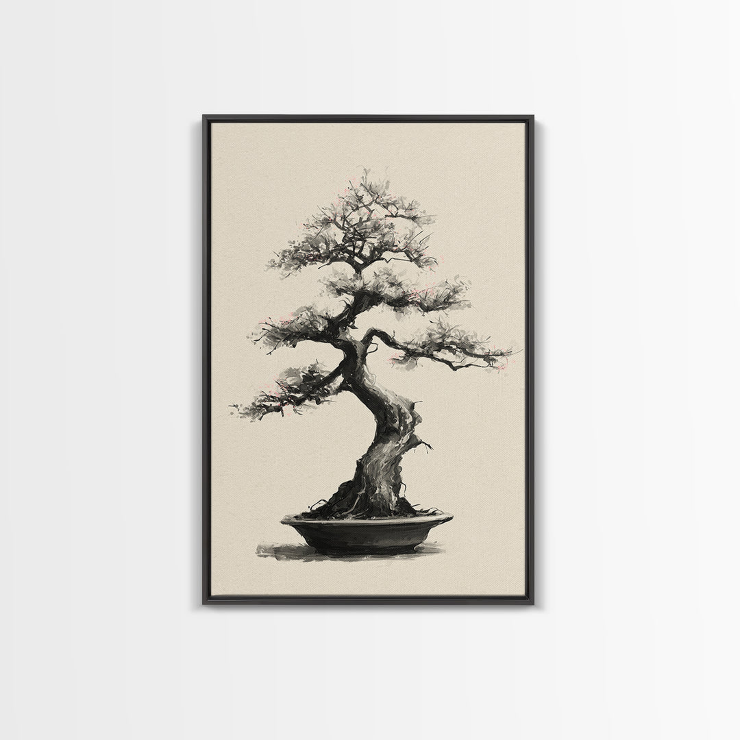 Delicate Bonsai Tree Traditional Ink Style Painting Wall Art Framed Canvas Print For Japanese Inspired Home Decor