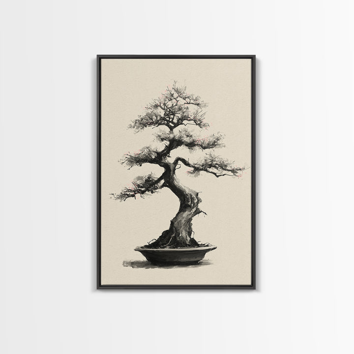 Delicate Bonsai Tree Traditional Ink Style Painting Wall Art Framed Canvas Print For Japanese Inspired Home Decor
