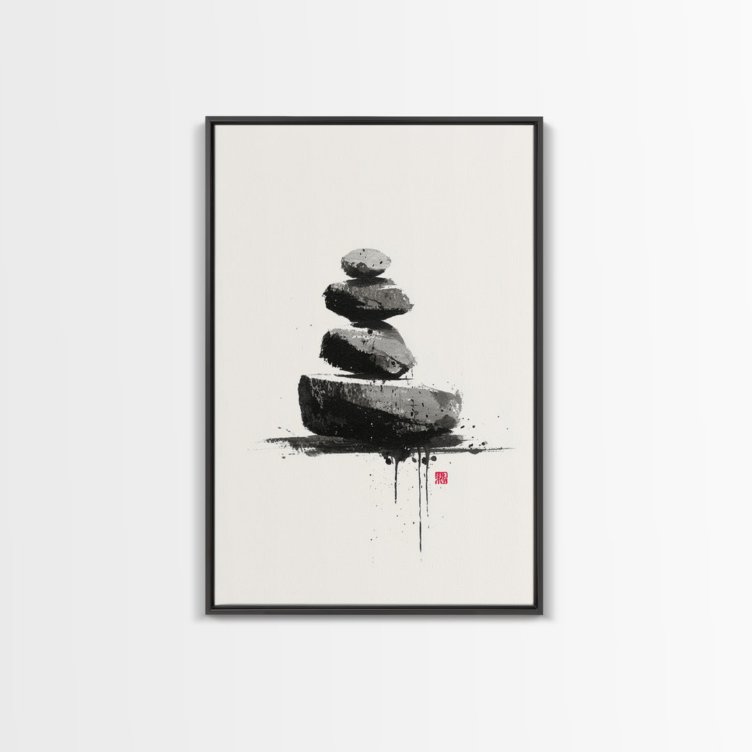 Zen Rock Balancing Japanese Ink Style Minimalist Wall Art Black And White Canvas Print For Modern Home Decor