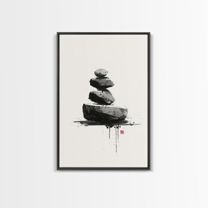 Zen Rock Balancing Japanese Ink Style Minimalist Wall Art Black And White Canvas Print For Modern Home Decor
