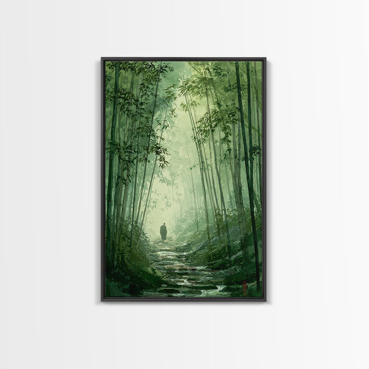 Quiet Green Bamboo Forest Path With Figure Walking Amongmist Framed Canvas Print For Serene Nature Wall Art And Home Decor