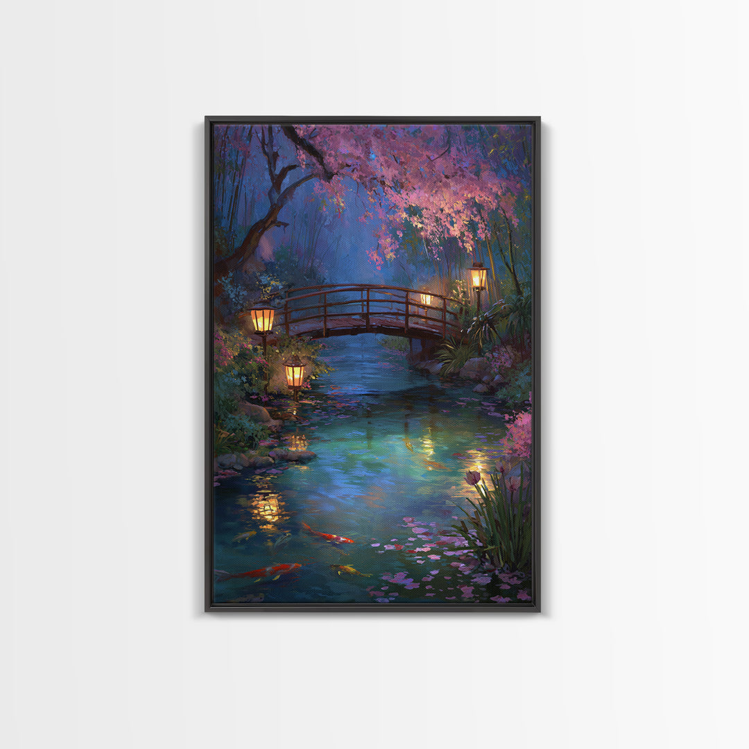 Serene Bridge Overpond With Glowing Lanterns And Koi Fish Wall Art Framed Canvas Print For Tranquil Home Decor