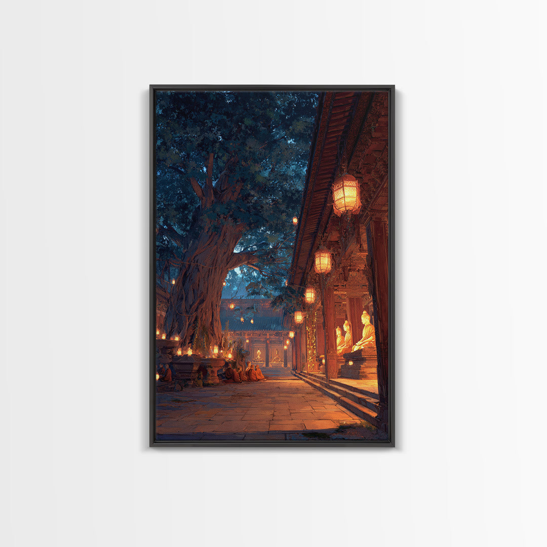 Peaceful Asian Temple And Monks At Dusk Digital Oil Painting Wall Art Canvas Print For Spiritual Home Decor