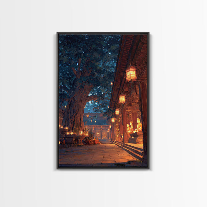 Peaceful Asian Temple And Monks At Dusk Digital Oil Painting Wall Art Canvas Print For Spiritual Home Decor