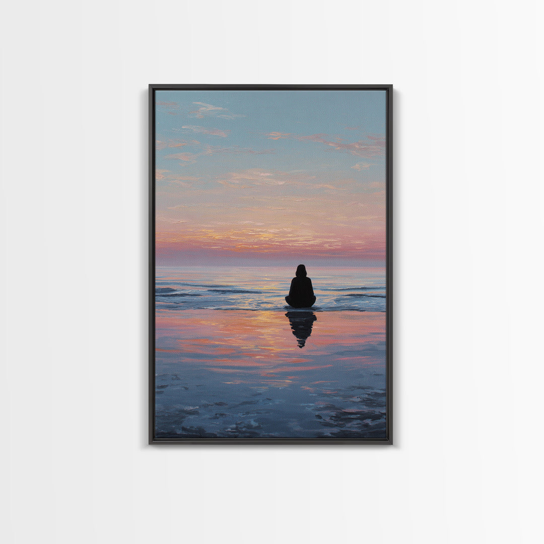 Serene Woman Meditating Beach Sunset Oil Painting Modern Wall Art Framed Canvas Print Peaceful Home Decor