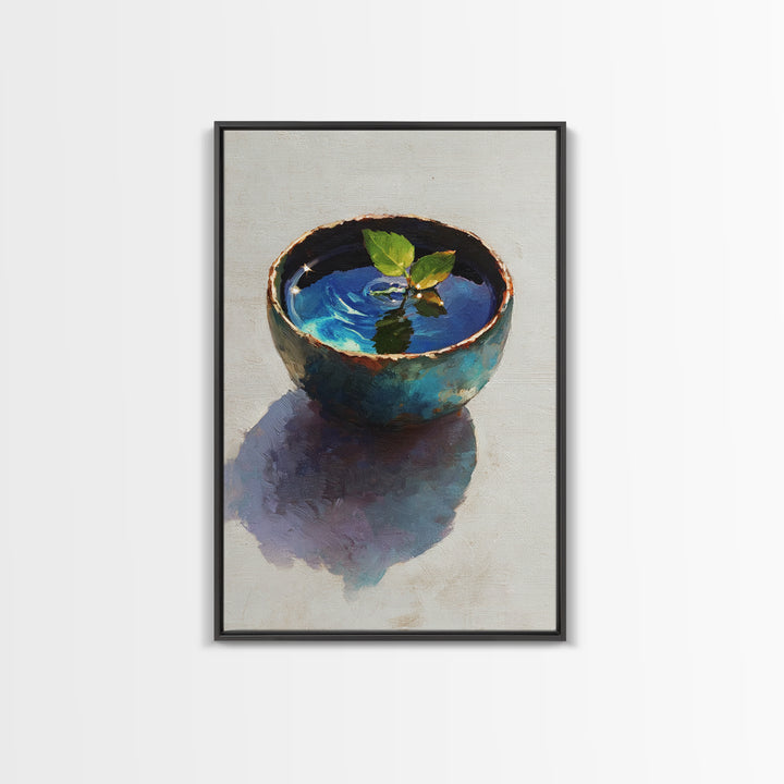 Rustic Blue Pottery Bowl With Leaf Reflection Oil Painting Framed Canvas Print For Home Decor And Wall Art