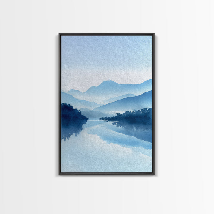 Tranquil Blue Mountain Landscape Painting Watercolor Style Canvas Print For Minimalist Bedroom And Office