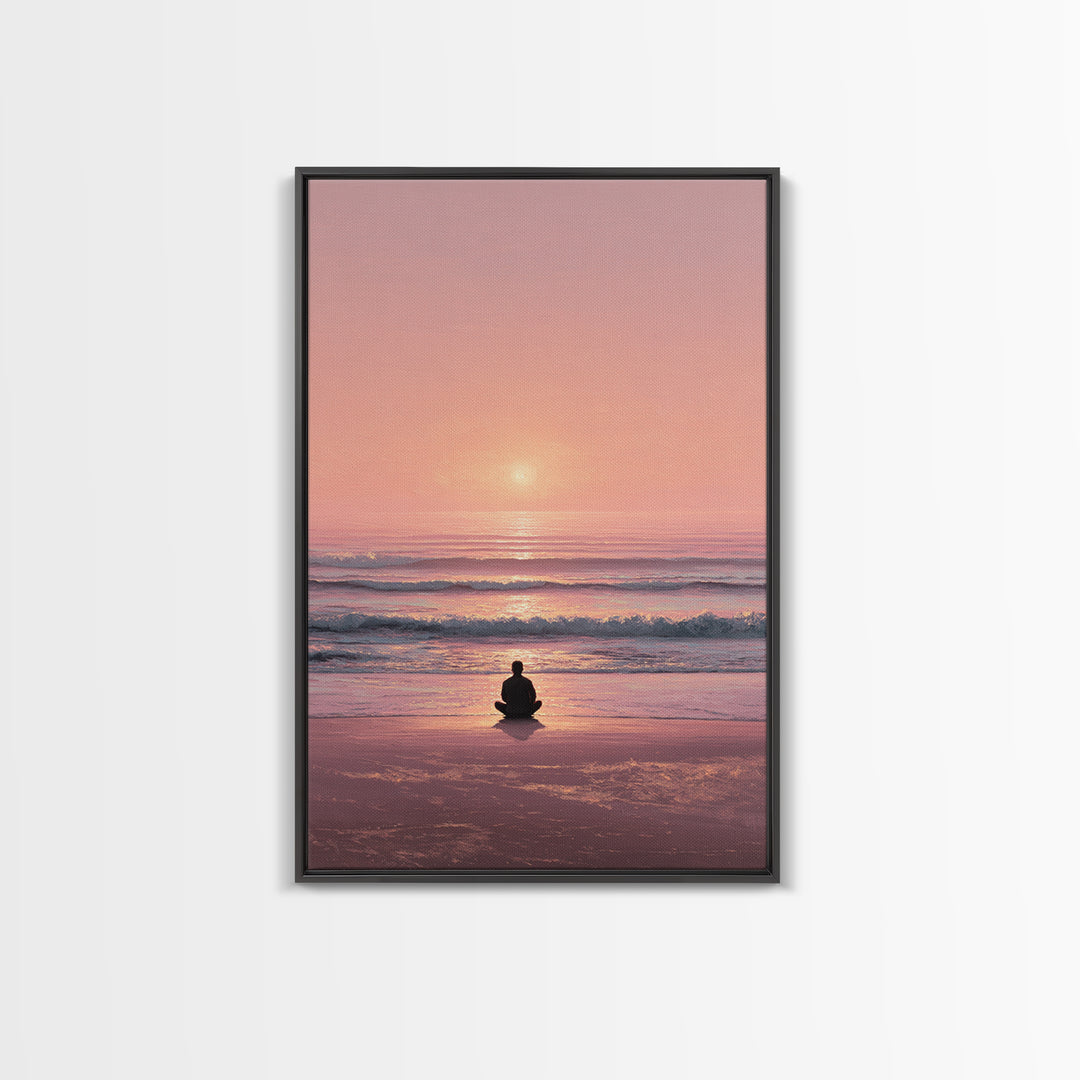 Meditative Seaside Sunset With Silhouette Sitting On Beach Wall Art Beautiful Ocean Canvas Print For Zen Home Decor