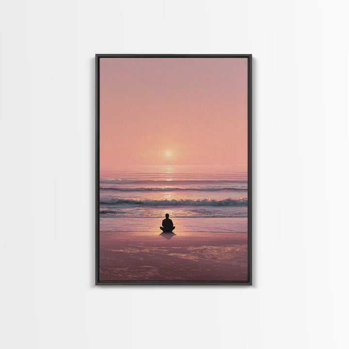 Meditative Seaside Sunset With Silhouette Sitting On Beach Wall Art Beautiful Ocean Canvas Print For Zen Home Decor