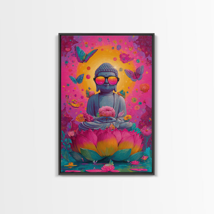 Futuristic Cityscape At Night With Neon Light Grid And Massive Pink Sun Vibrant Digital Artwork Canvas Print For Modern Office Decor