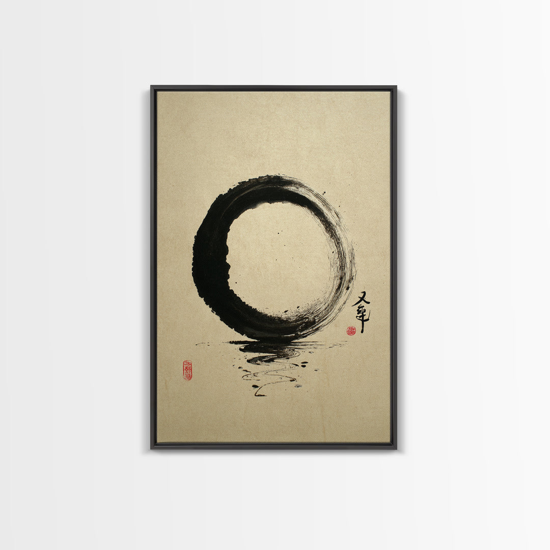 Elegant Minimalist Black Ink Enso Circle With Japanese Calligraphy Wall Art Print Framed Canvas Print For Modern Home Decor