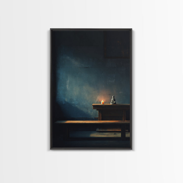Serene Zen Meditation Room Wall Art Print With Buddha Statue And Candle Framed Canvas Print Minimalist Home Decor Tranquil Wall Art