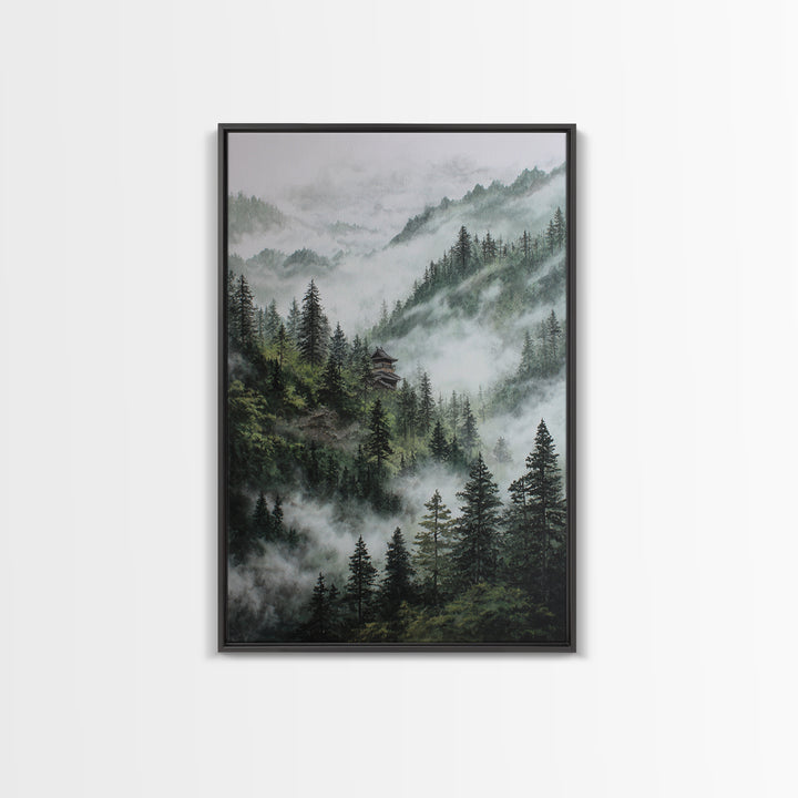 Mist Covered Mountain Landscape With Pine Trees And Hidden Cabin In The Forest Wall Art For Rustic Home Decor Canvas Print
