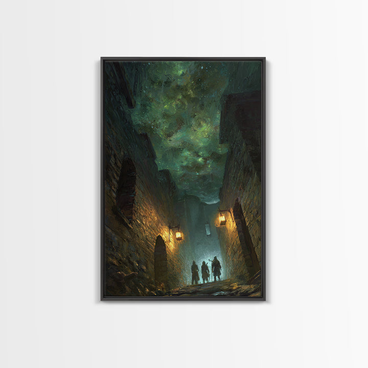 Dark Fantasy Alley Under Green Sky Wall Art, Gothic Cityscape, Magical Night Poster, Dungeons And Dragons Decor, Gift For Gamer