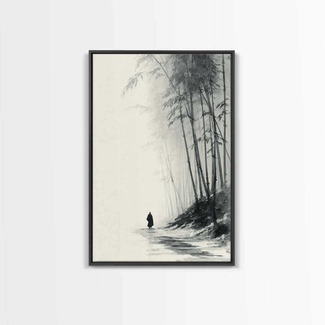 Minimalist Black And White Monochrome Painting Monk Walking In Bamboo Forest Wall Art Framed Canvas Print