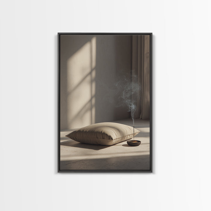 Minimalist Cozy Room With Soft Pillow And Burning Incense Stick Canvas Print Modern Wall Art For Bedroom Decor