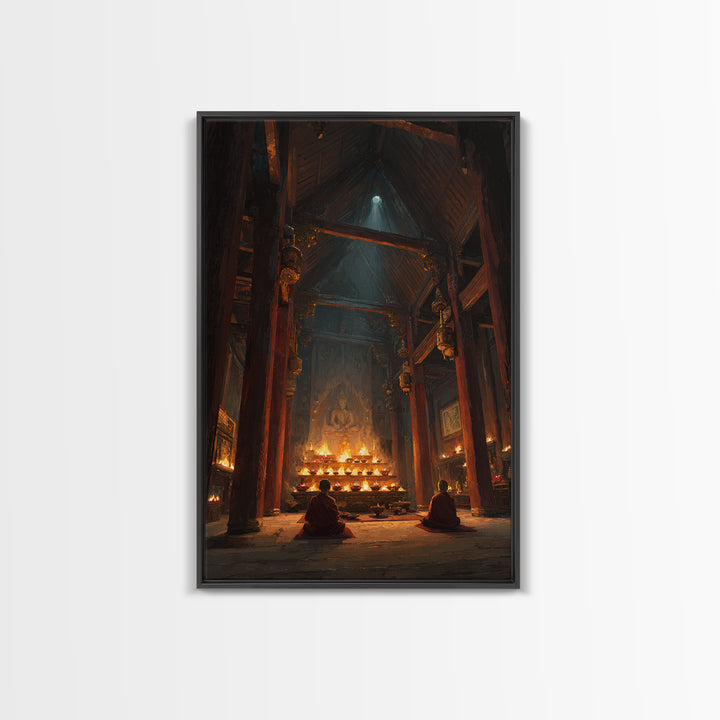 Ancient Temple Interior With Monks Meditating Spiritual Artwork Wall Art Framed Canvas Print For Meditation Room Decor