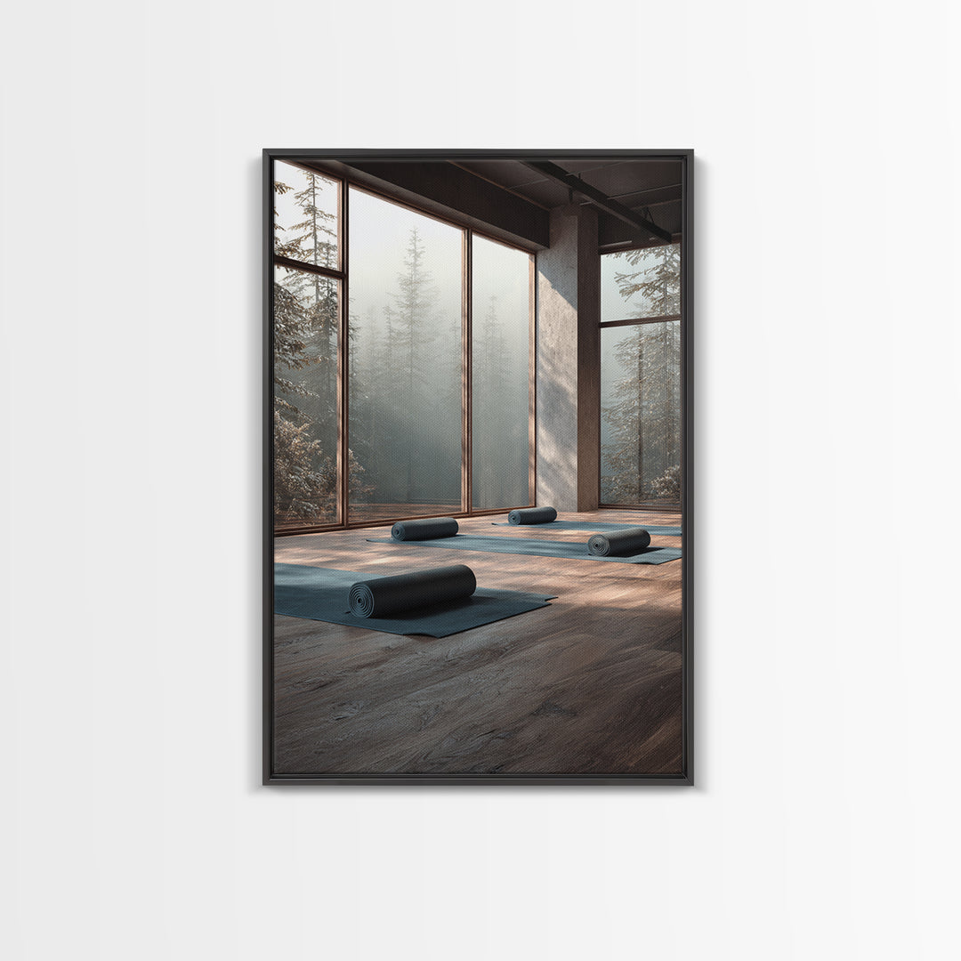 Tranquil Yoga Studio With Mountain View And Natural Light Wall Art Framed Canvas Print For Fitness And Wellness Spaces