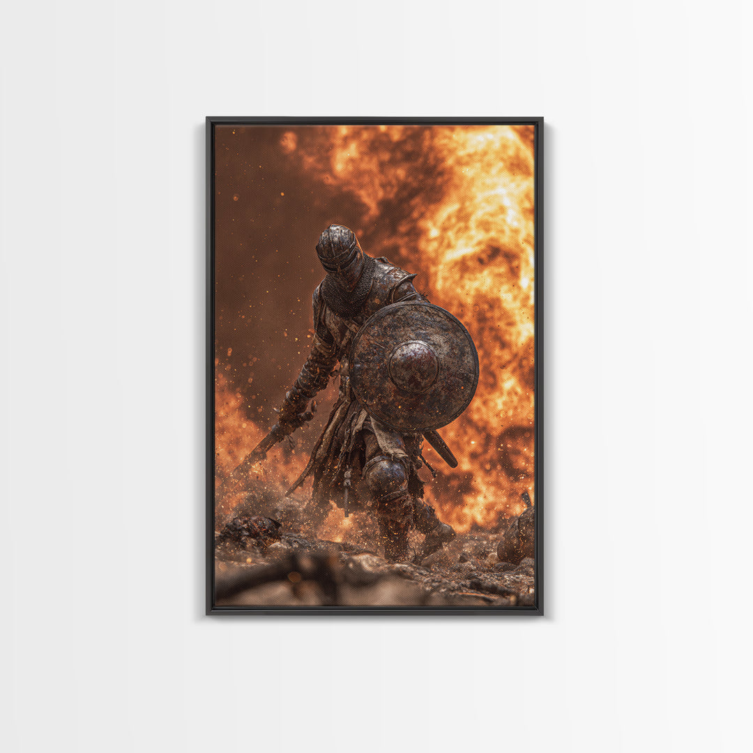 Armored Knight In Fiery Battle Framed Canvas Print, Dark Fantasy Wall Art, Medieval Warrior Decor, Gaming Room Gift For Him