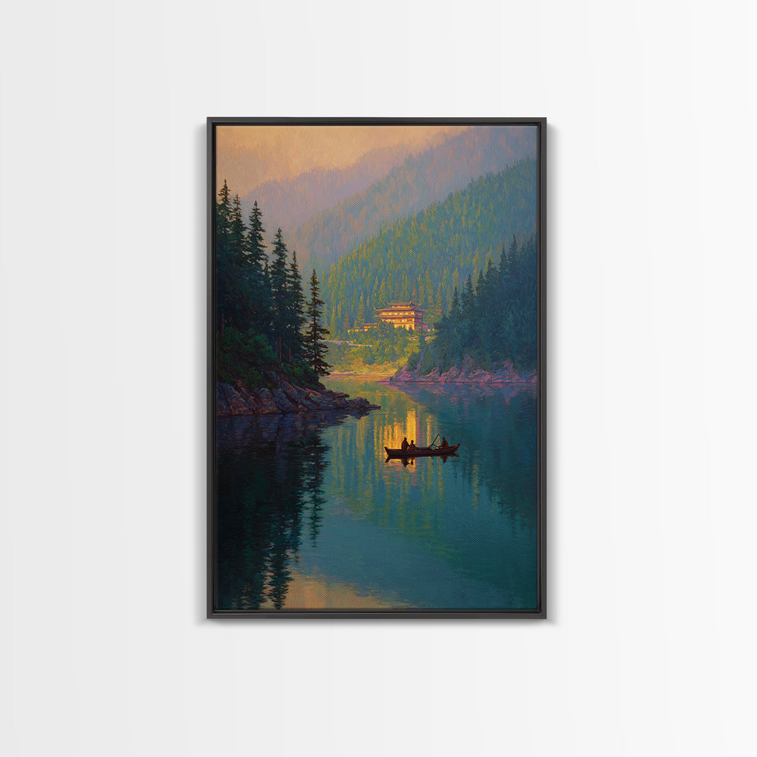 Serene Mountain Lake Landscape With Canoe Reflection Wall Art For Living Room Decor