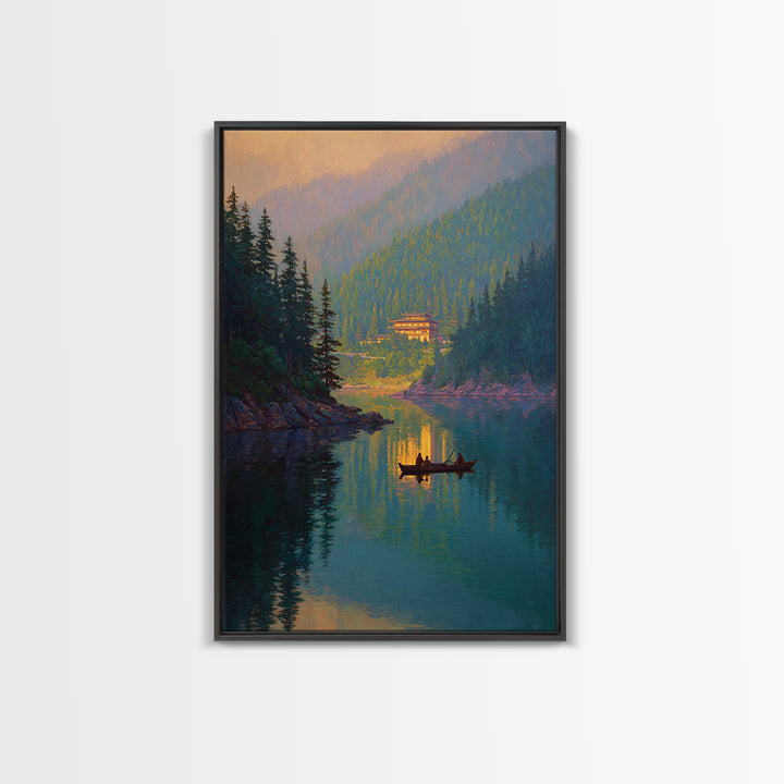 Serene Mountain Lake Landscape With Canoe Reflection Wall Art For Living Room Decor