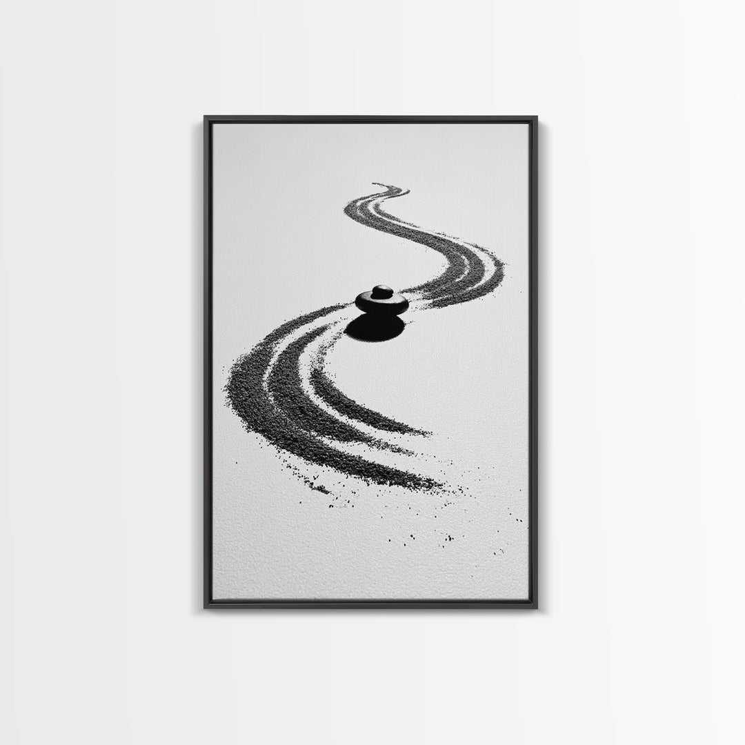 Zen Inspired Minimalist Sand And Stone Artwork Black And White Canvas Print For Modern Meditation Room Wall Art